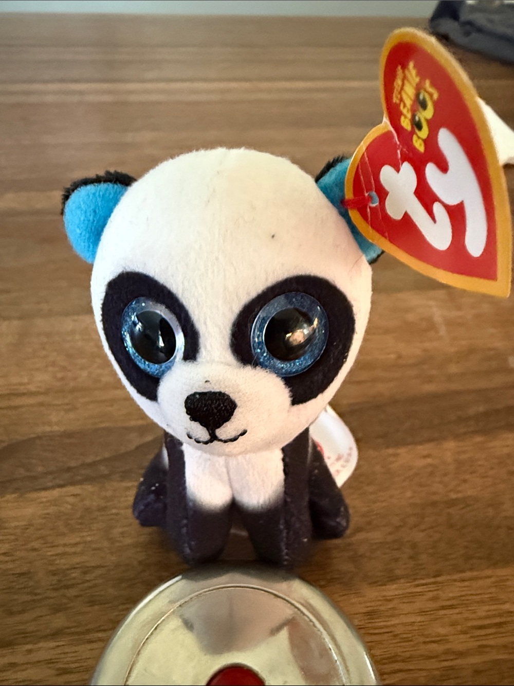 Ty Plush Panda with Sparkly Blue Eyes and Blue-Eared Accent Ming the Panda